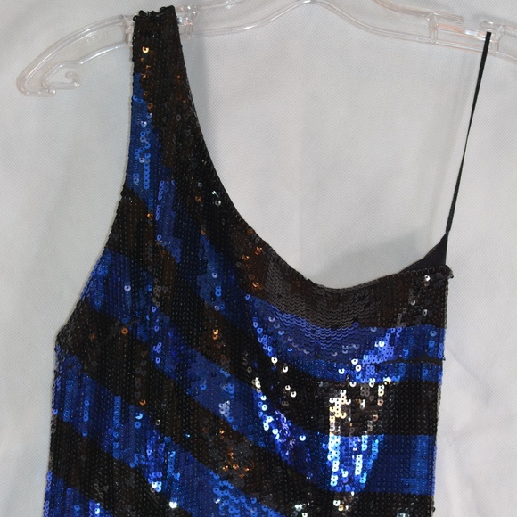 BLue Black Striped Sequin One Sholder Mini Dress Sz S BEDO - Picture 5 of 7